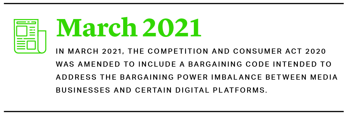 The competition and consumer act 2020 was amended to address
						imbalances between media businesses and certain digital platforms