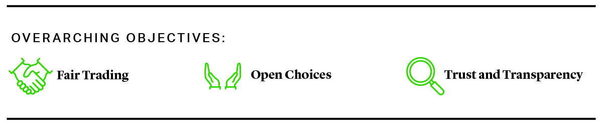 Overarching objectives: fair trading, open choices, trust and transparency