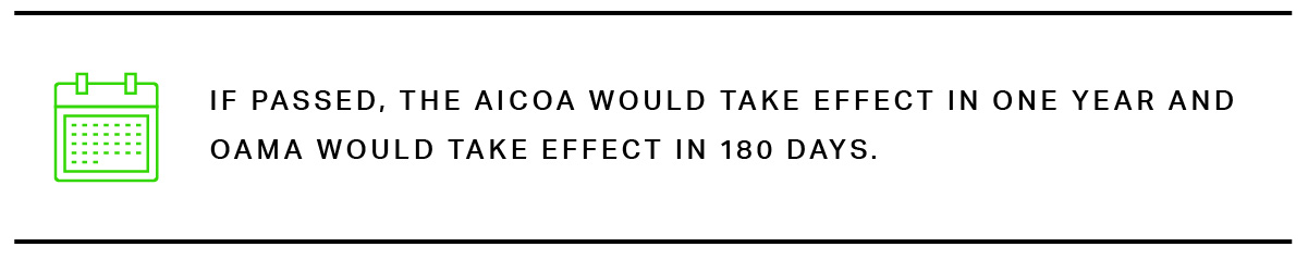 The AICOA would take effect in 1 year and OAMA in 180 days